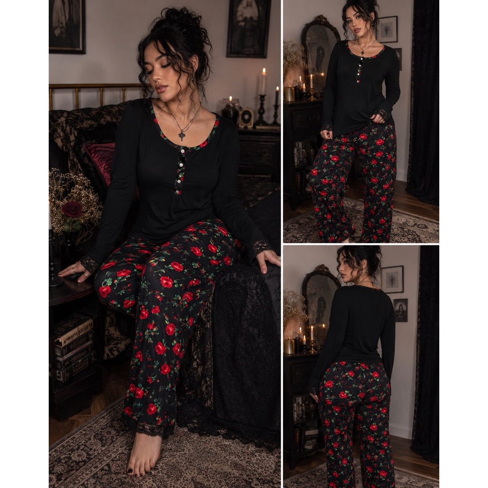 Bisou Bisou Michele Bohbot Pajama Set Black Red Rose Floral Lace Trim Medium